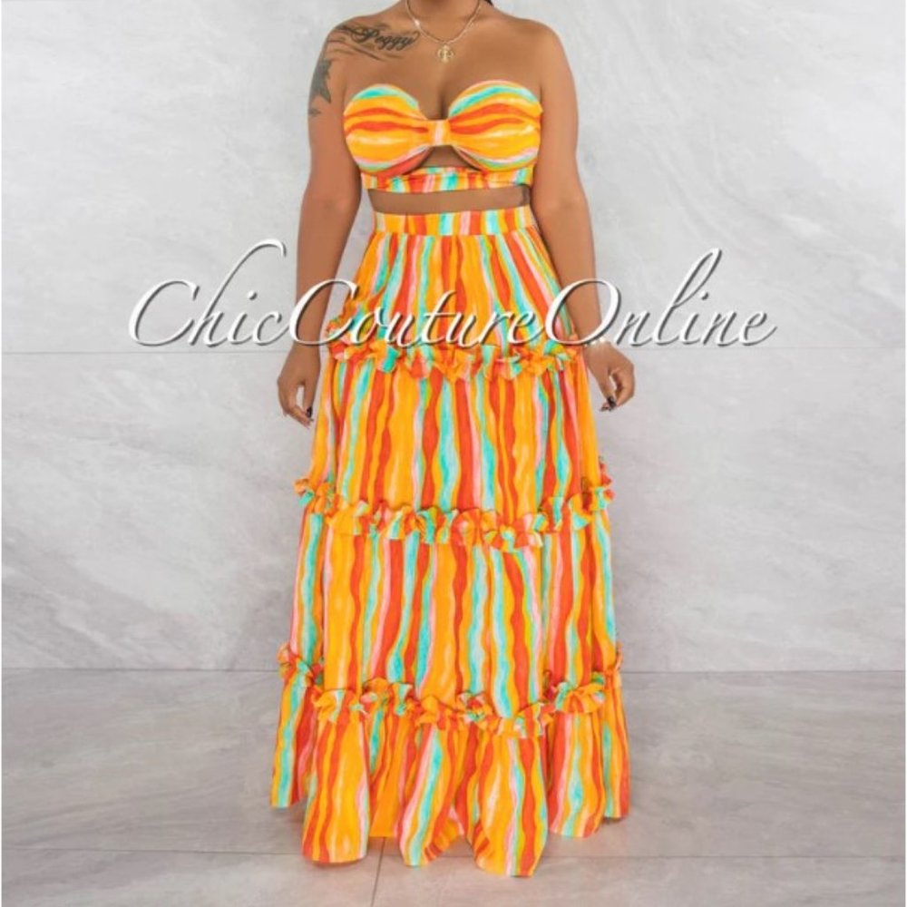 RUHL ORANGE PRINT CROP TOP & RUFFLE MAXI SKIRT SET